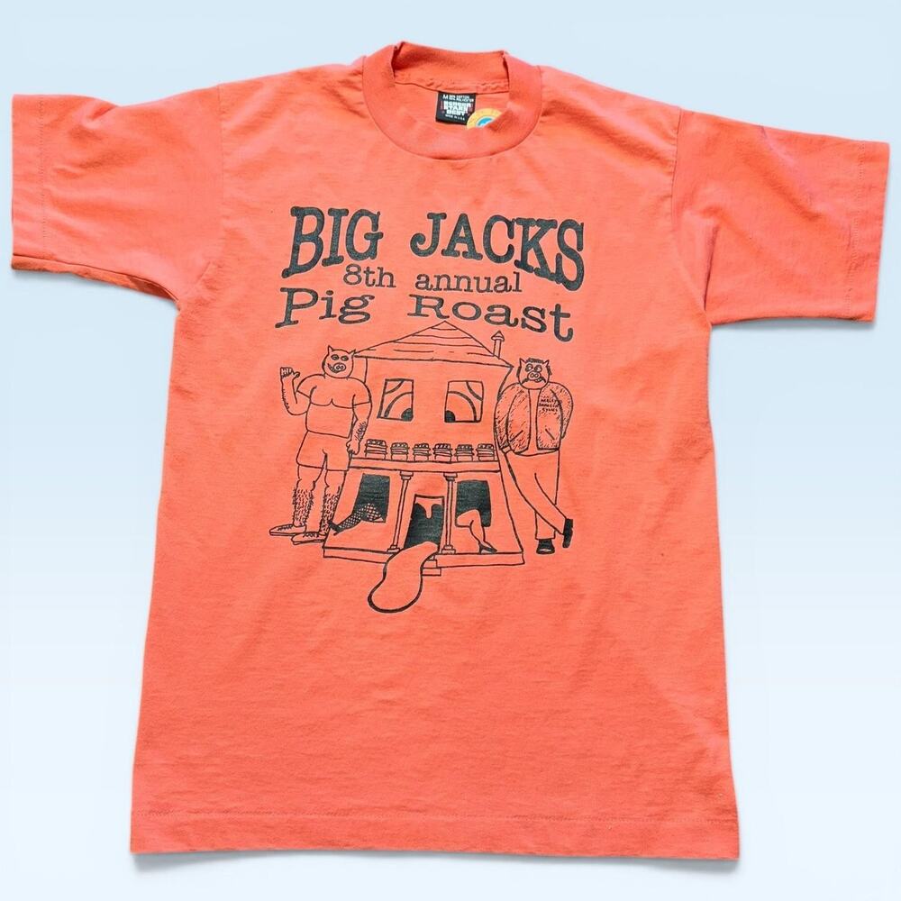 Vtg Big Jacks Pig Roast Shirt Mens Medium Orange Screen Stars Best USA 90s